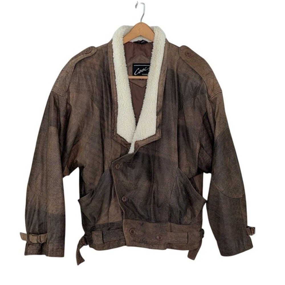 Vintage Leather Aviator Bomber Jacket Cosi Puomo Men's M Brown Sherpa Collar 80s